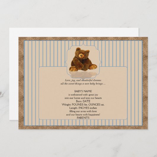 Blue Pinstripe Teddy Bear Faire-part bébé (Devant / Derrière)