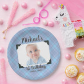 Blue Plaid 1e verjaardag foto met naam en datum Papieren Bordje (Feest)