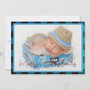 Blue Plaid Baby Aankondiging Foto Kerst Kaart