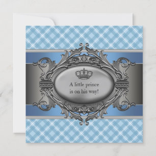 Blue Plaid Crown Little Prince Boy Baby shower Kaart