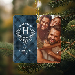Blue Plaid Family Creest Foto van Kerstmis Keramisch Ornament