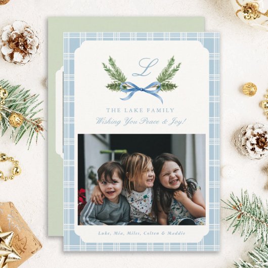 Blue Plaid foto Kerst Kaarten Monogram Krans