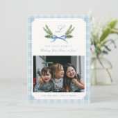 Blue Plaid foto Kerst Kaarten Monogram Krans (Staand voorkant)
