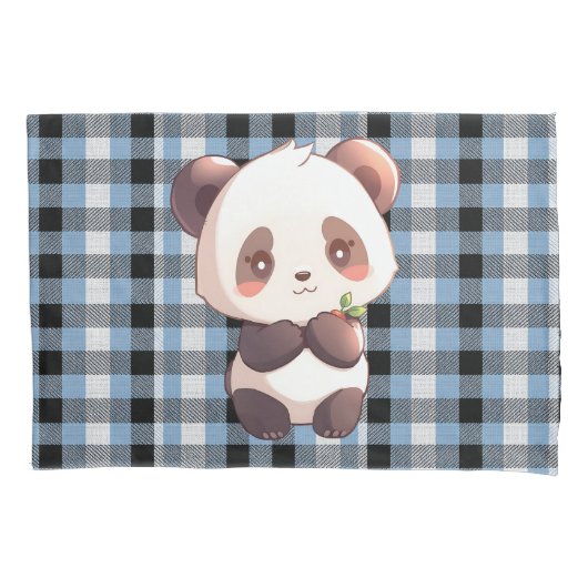 Blue Plaid Panda Kussensloop (Voorkant)