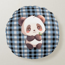 Blue Plaid Panda Throw Pillow Rond Kussen