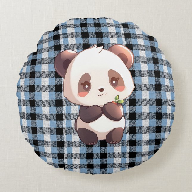 Blue Plaid Panda Throw Pillow Rond Kussen (Voorkant)