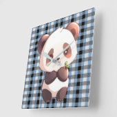 Blue Plaid Panda Vierkante Klok (Hoek)