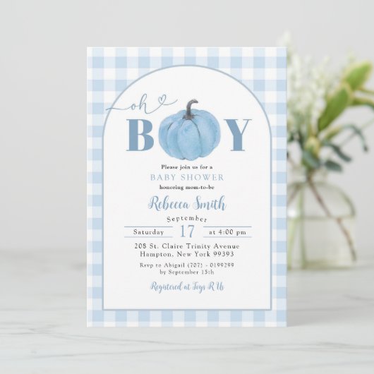 Blue Plaid Preppy Pumpkin Oh Boy Baby shower Kaart (Staand voorkant)