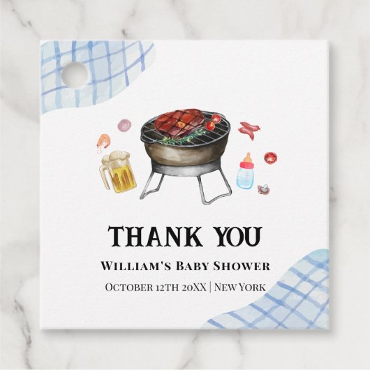 Blue Plaid Retro Country Baby Q Baby shower Bedankjes Labels (Voorkant)