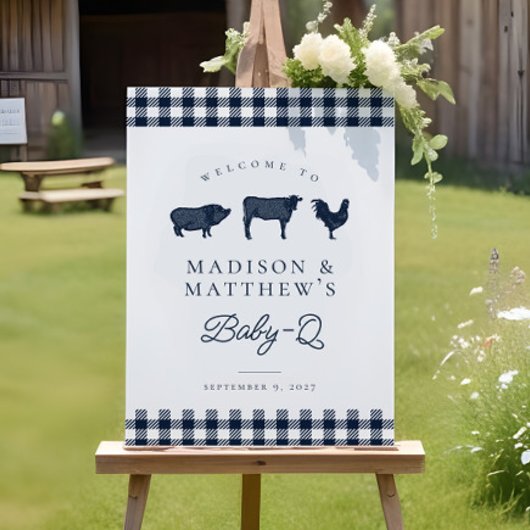 Blue Plaid Rustiek Baby shower BBQ Welkomstbord Poster