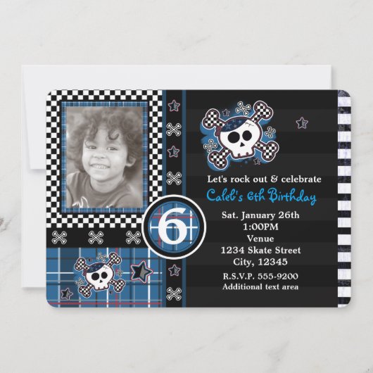 Blue Plaid Skull & Crossbones Uitnodiging voor fot (Voorkant)