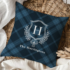 Blue Plaid Winter Monogram Crest Initiaal Kussen