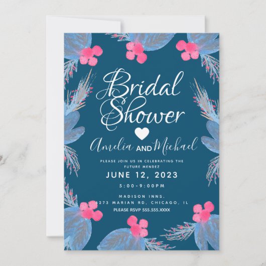 Blue Poinsettia Berry Waterverf Vrijgezellenfeest Kaart (Voorkant)