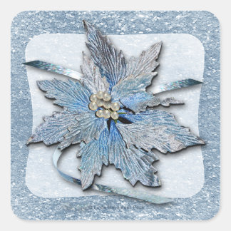 Blue Poinsettias op Silver Vierkante Sticker