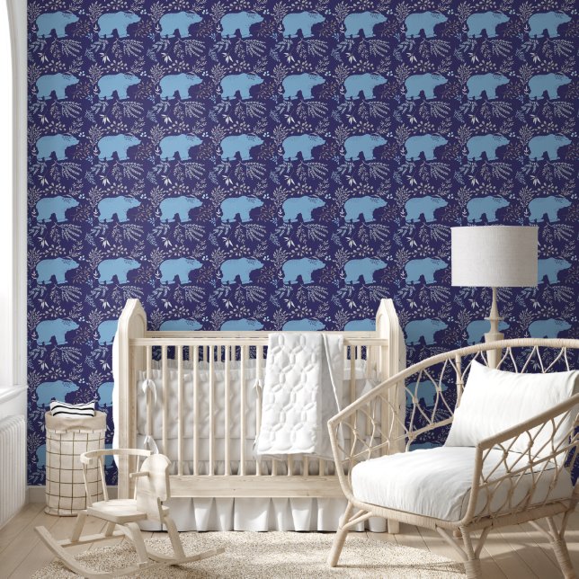 Blue Polar Bears Christmas Leaf Patterns on navy Behang (Kinderen)