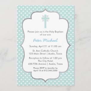 Blue Polka Dot Baptism met Cross en Silver Lijst Kaart