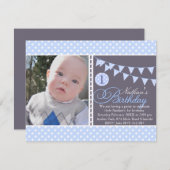 Blue Polka Dot Bunting Premier Invitation d'annive (Devant / Derrière)