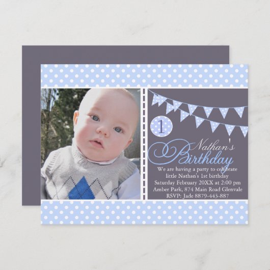Blue Polka Dot Bunting Premier Invitation d'annive (Devant / Derrière)