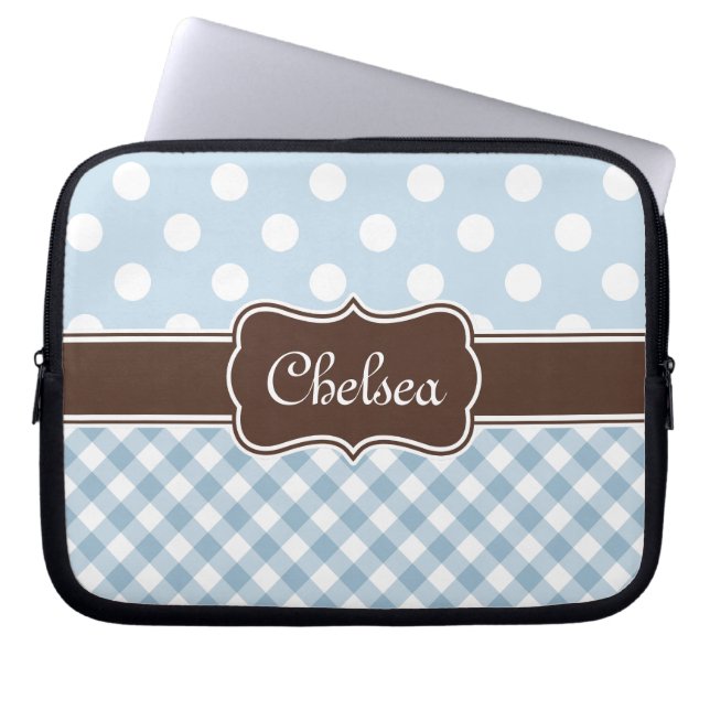 Blue Polka Dot Gingham Pattern Brown Name Laptop Sleeve (Voorkant)