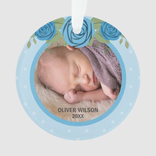 Blue Polka Dot Roses Baby's First Christmas Photo (devant)