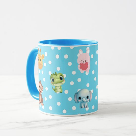 Blue Polka Dot with Kawaii Characters Mok (Voorkant links)