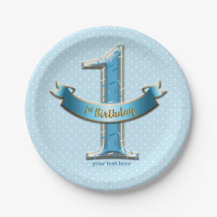 Blue Polka Dots & Banner ONE 1st 1 Birthday Party Papieren Bordje