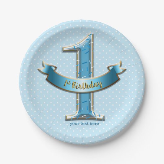 Blue Polka Dots & Banner ONE 1st 1 Birthday Party Papieren Bordje (Voorkant)