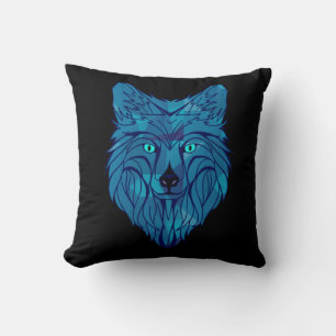 Blue Poly Wolf Head Kussen