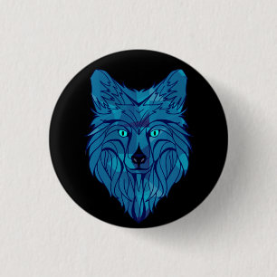 Blue Poly Wolf Head Ronde Button 3,2 Cm