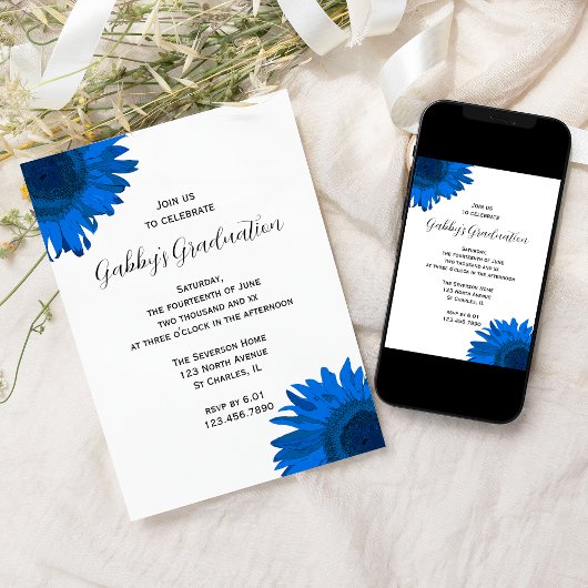 Blue Pop Art Sunflower Graduparty Uitnodiging