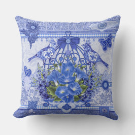 Blue Porcelain Birds and Birdcage Kussen