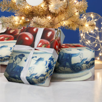 Blue Porcelain & Cherries Cadeaupapier