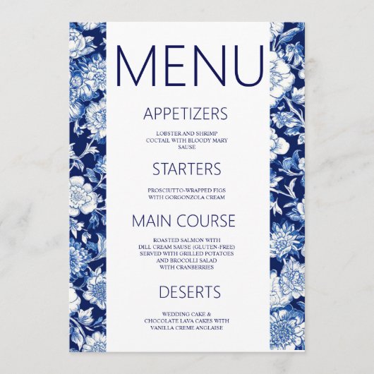 Blue Porcelain Chinoiserie Floral Mariage Menu (Devant)