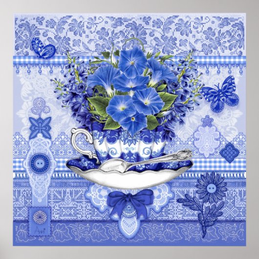 Blue Porcelain Cup en Flowers Poster (Voorkant)