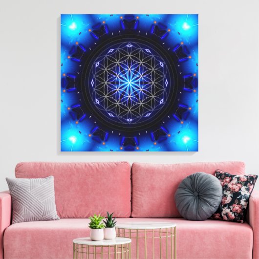 blue power mandala with flower of life canvas afdruk (Insitu (Woonkamer))
