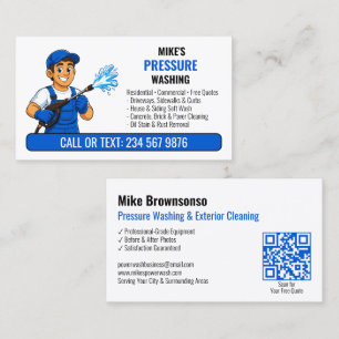 Blue Power Washer Man QR Drukreiniging Visitekaartje