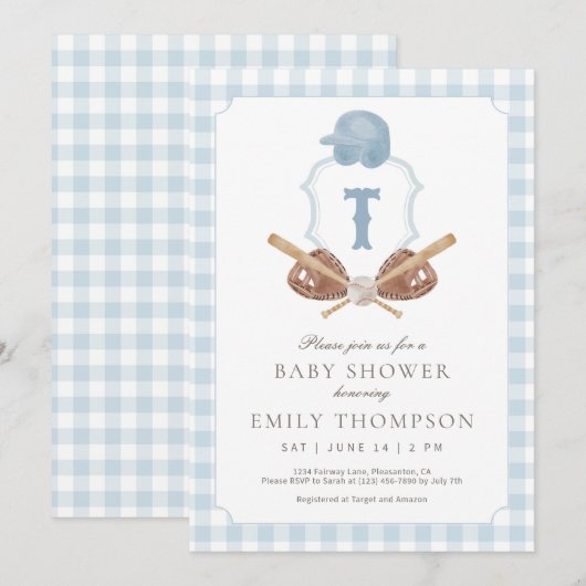 Blue Preppy Baseball Crest Baby Shower Invitation (Devant / Derrière)