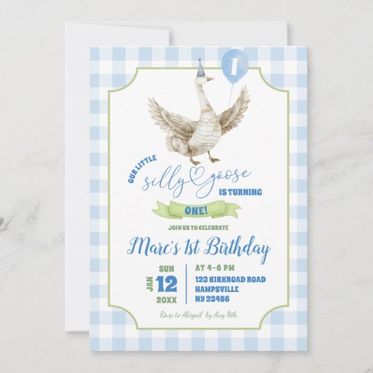 Blue Preppy Gekke Gans eerste verjaardagsuitnodigi Kaart (Voorkant)