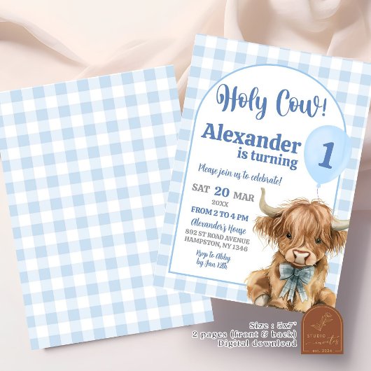 Blue Preppy Gingham Koe Boy Eerste Verjaardag Kaart