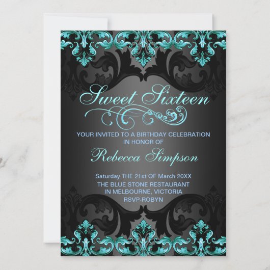 Blue Princess Damask Sweet16 Birthday Invite Kaart (Achterkant)