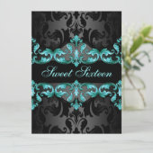 Blue Princess Damask Sweet16 Birthday Invite Kaart (Staand voorkant)