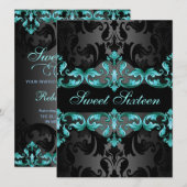 Blue Princess Damask Sweet16 Invitation d'annivers (Devant / Derrière)