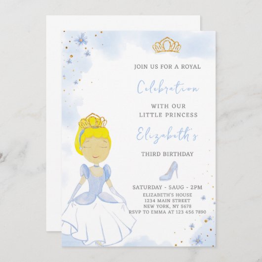 Blue Princess Invitation d'anniversaire (Devant / Derrière)