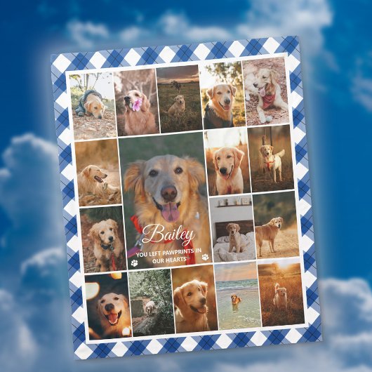 Blue Pset Border 17 Photo Collage Pet Memorial Fleece Deken
