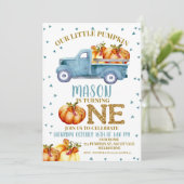 Blue Pumpkin Truck 1st Birthday Invitation Kaart (Staand voorkant)