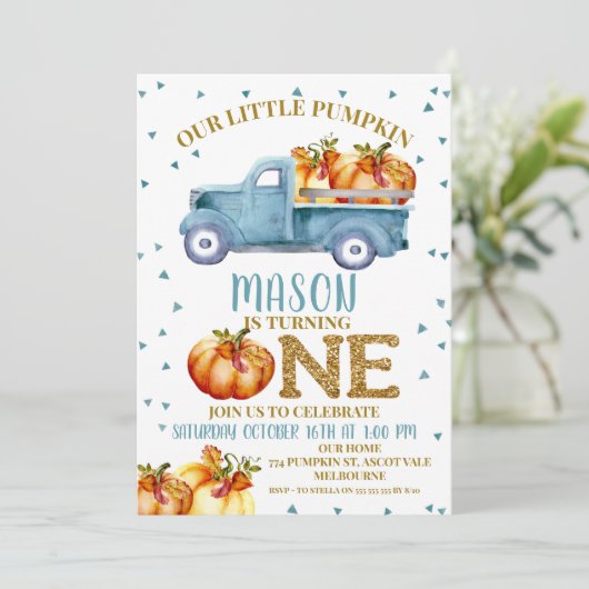 Blue Pumpkin Truck 1st Birthday Invitation Kaart (Staand voorkant)