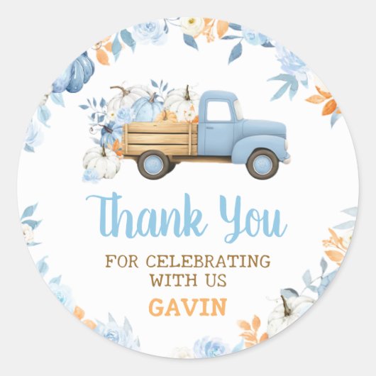 Blue Pumpkin Truck Fall Birthday Ronde Sticker (Voorkant)