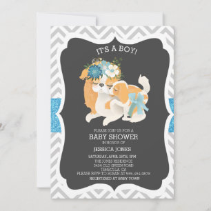 Blue Puppy Dog Mama Glitter Chevron Baby shower Kaart