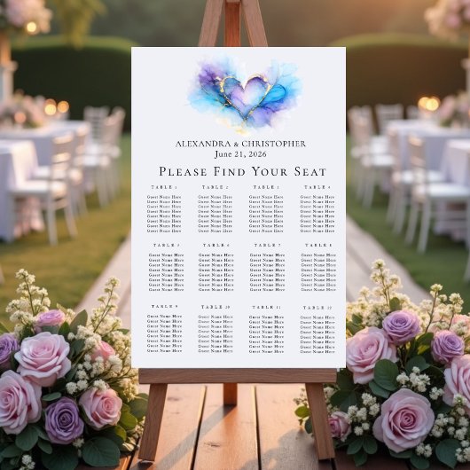 Blue Purple Gold Abstract Heart Wedding Seating 