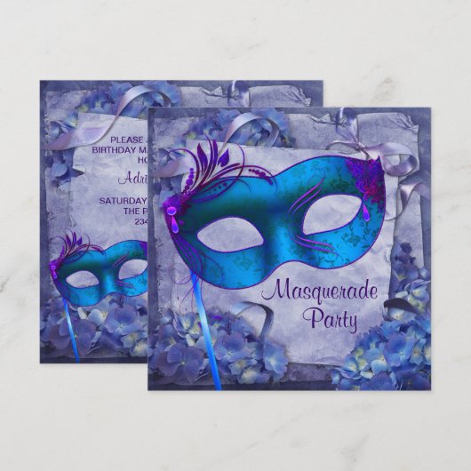 Blue Purple Hydrangea Masquerade Party Invitations (Devant / Derrière)